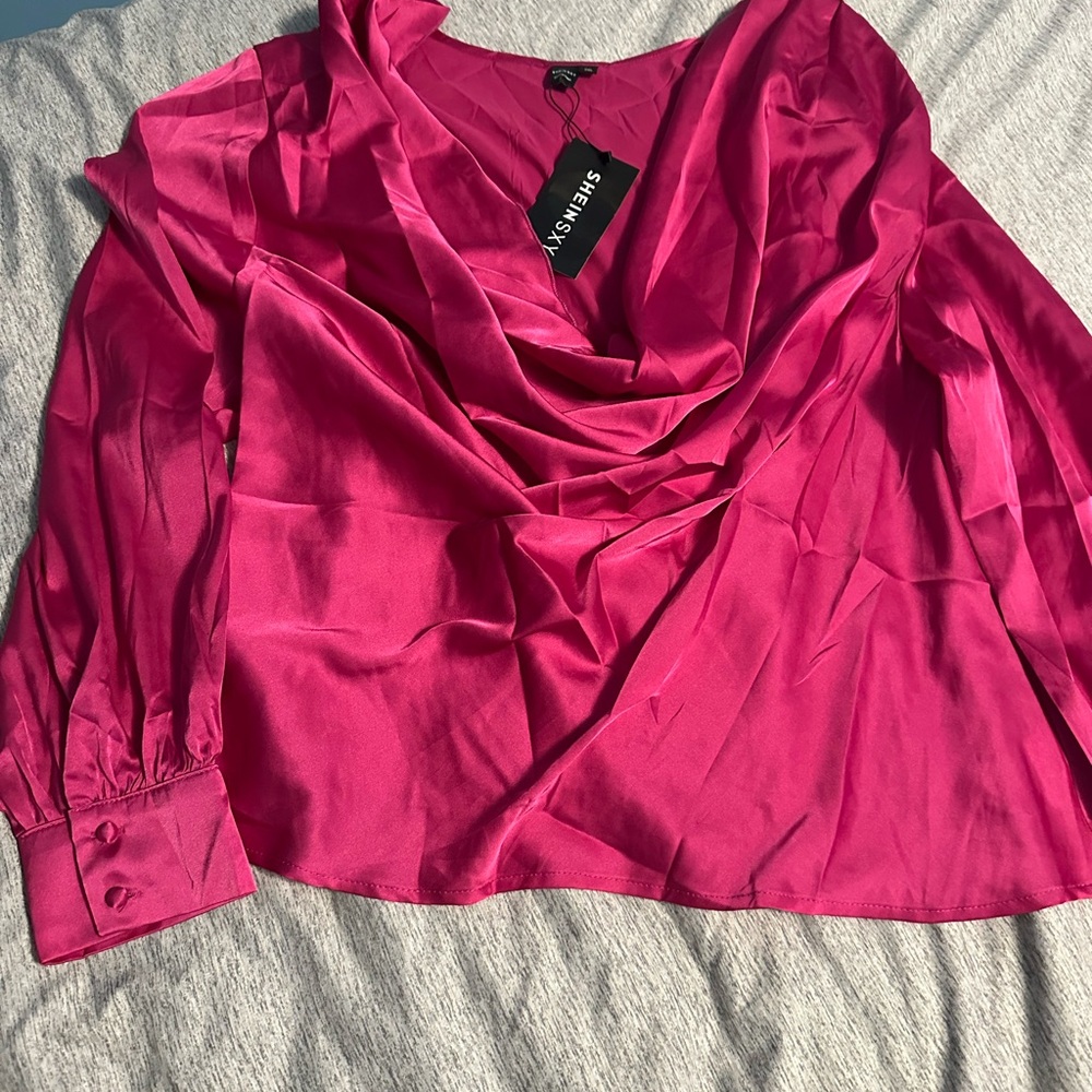 SHEIN Fuchsia Satin Cowl Neck Blouse